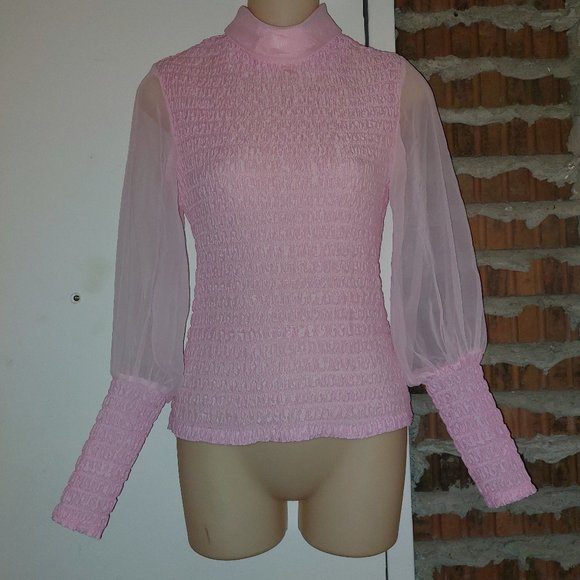 Vintage Irving Nadler Pink Long Sleeve Blouse Top High Collar Seersucker Size S - Picture 6 of 7